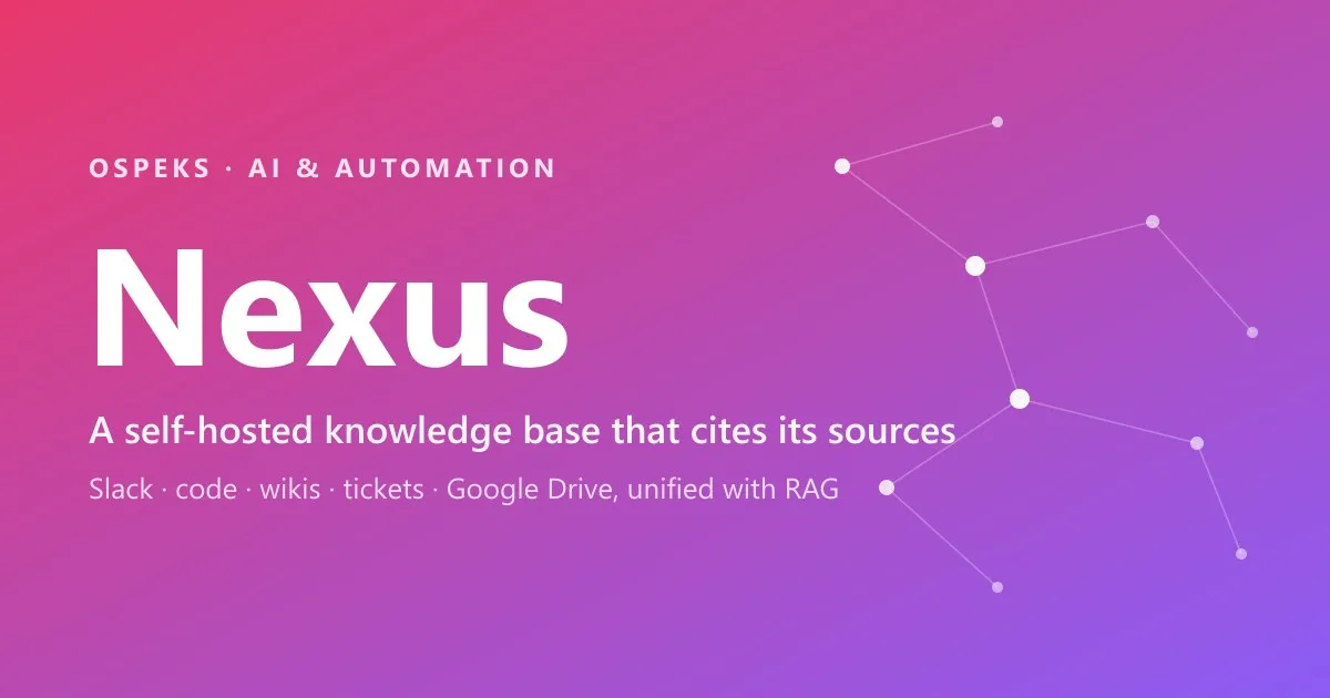 Nexus title card on a pink-to-purple gradient with a knowledge-graph illustration, reading: a self-hosted knowledge base that cites its sources