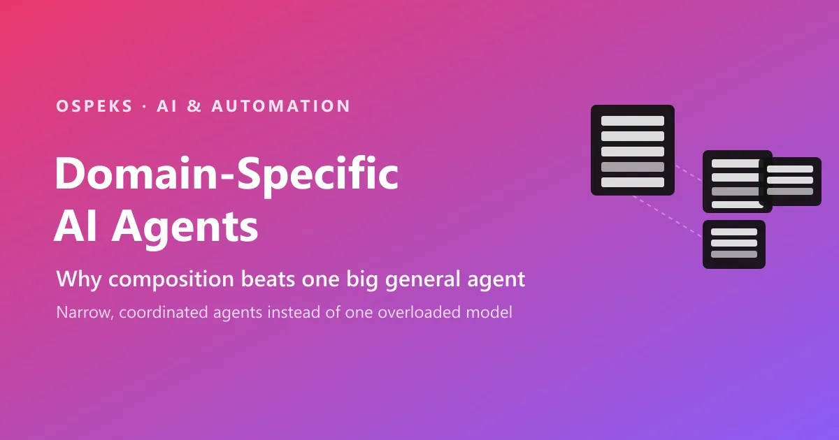 Domain-Specific AI Agents title card on a pink-to-purple gradient, with small black agent-stack diagrams connected by dotted delegation lines
