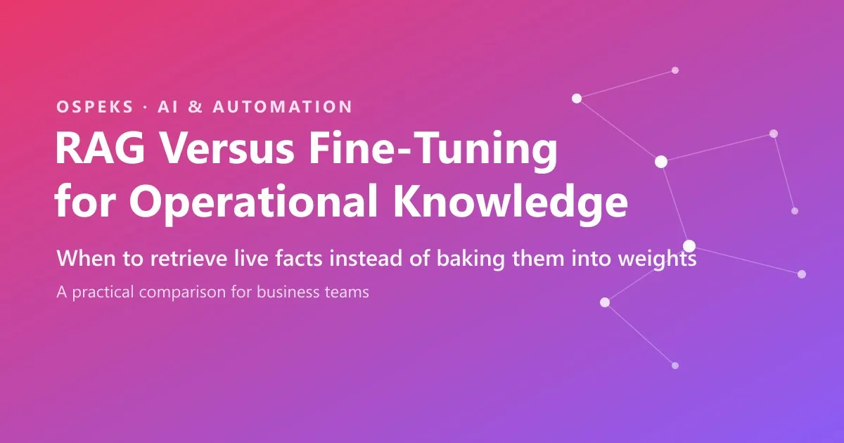RAG Versus Fine-Tuning for Operational Knowledge title card on a pink-to-purple gradient, reading: When to retrieve live facts instead of baking them into weights